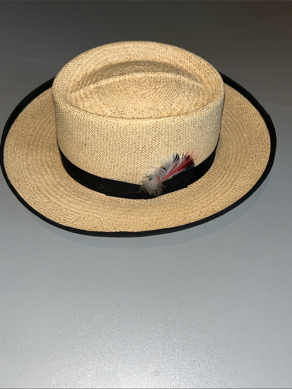 Park Royal Men's Straw Boater Hat with Black Band and Feather